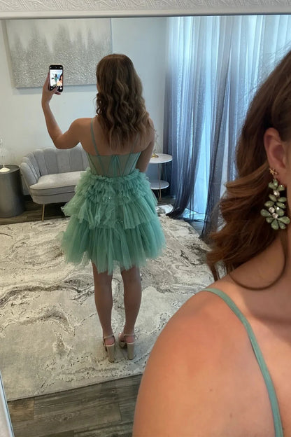 Green Corset Short Tulle Homecoming Dress With Ruffled Skirt And Sparkle Details AS315