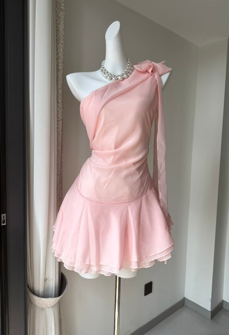 Elegant Pink One Shoulder Bow A Line Short Homecoming Dress AS3150
