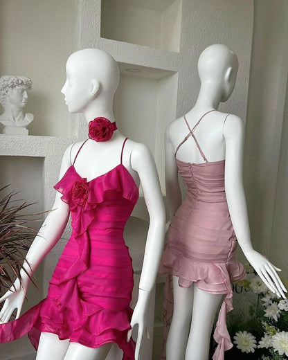 Vibrant Pink Spaghetti Straps 3D Floral Ruffle Ruched Bodycon Short Homecoming Dress AS3152