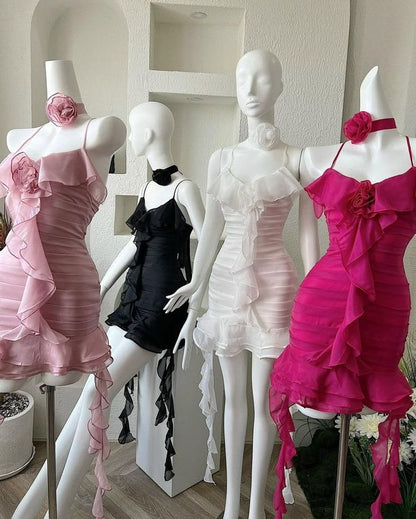 Vibrant Pink Spaghetti Straps 3D Floral Ruffle Ruched Bodycon Short Homecoming Dress AS3152