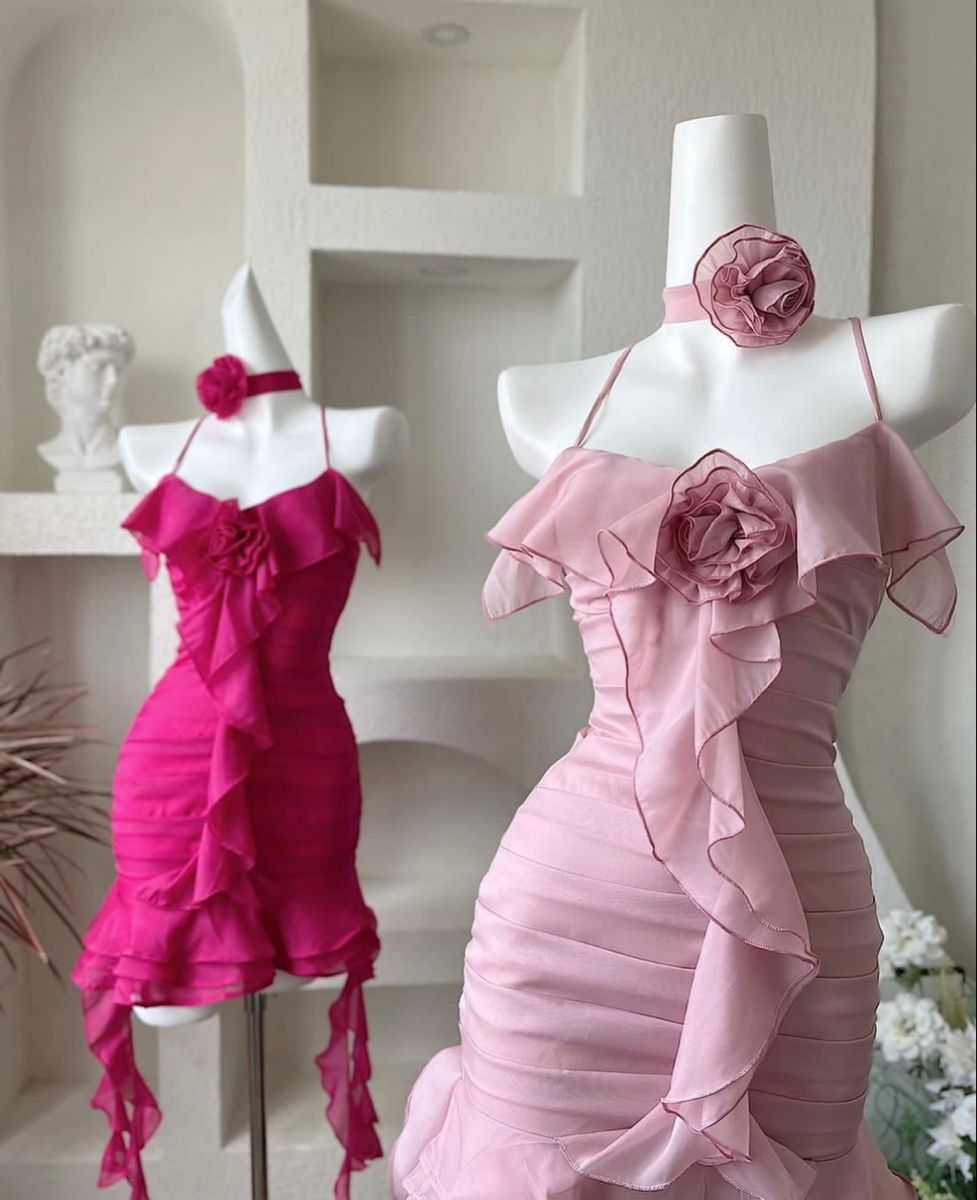 Vibrant Pink Spaghetti Straps 3D Floral Ruffle Ruched Bodycon Short Homecoming Dress AS3152