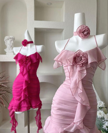 Vibrant Pink Spaghetti Straps 3D Floral Ruffle Ruched Bodycon Short Homecoming Dress AS3152