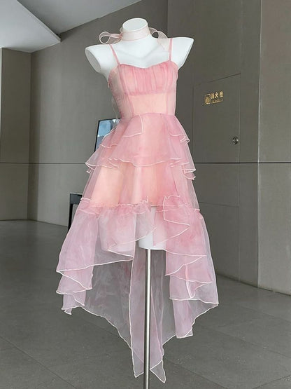 Dreamy Pink Spaghetti Straps Tiered Organza High Low A Line Homecoming Dress AS3155