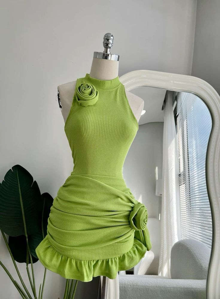 Vibrant Green Halter Neck 3D Floral Ruched Ruffle Bodycon Party Dress Short Homecoming Dress AS3156