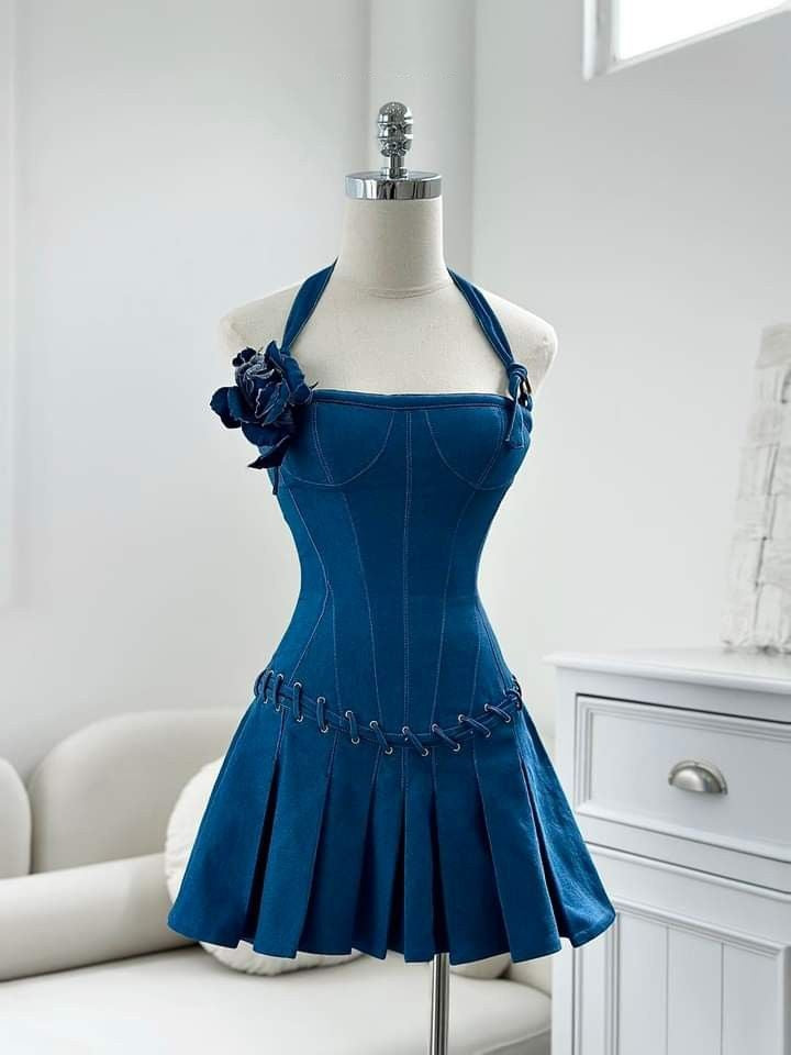 Chic Dark Blue Halter 3D Flower Corset Pleated A Line Short Homecoming Dress AS3157