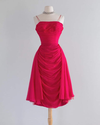 Chic Fuchsia Spaghetti Straps Draped Chiffon Midi A Line Party Dress Homecoming Dress AS3159