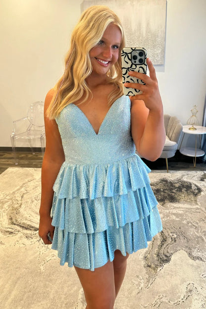 Glamorous A-Line Spaghetti Straps Short Tiered Sparkly Homecoming Dress AS316