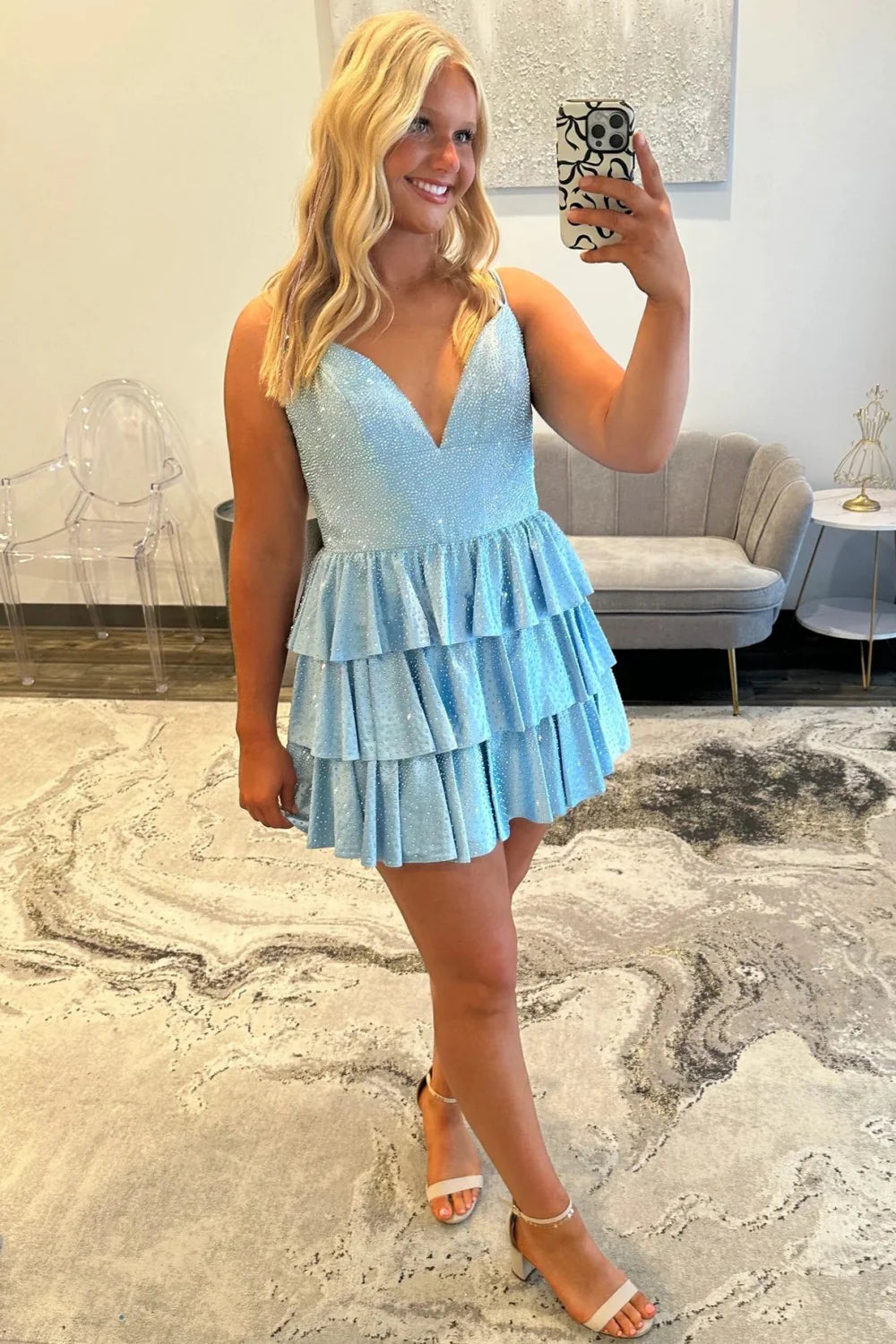 Glamorous A-Line Spaghetti Straps Short Tiered Sparkly Homecoming Dress AS316
