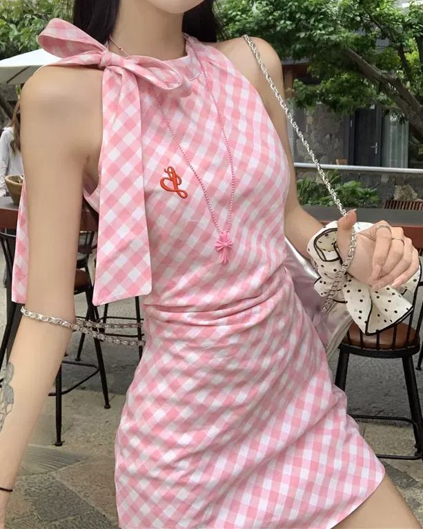 Cute Pink Gingham Halter Neck Bow Ruched Bodycon Short Homecoming Dress AS3160