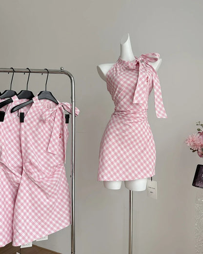 Cute Pink Gingham Halter Neck Bow Ruched Bodycon Short Homecoming Dress AS3160
