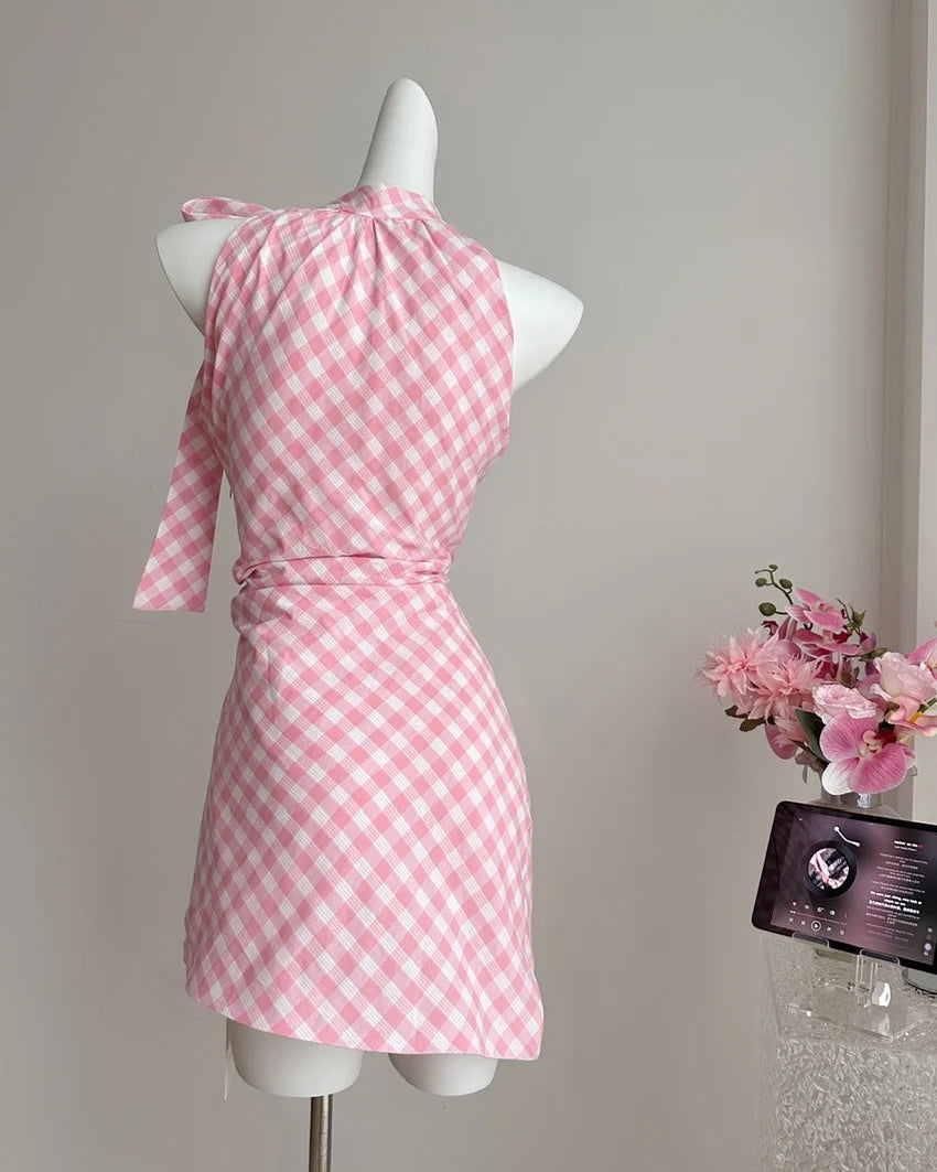 Cute Pink Gingham Halter Neck Bow Ruched Bodycon Short Homecoming Dress AS3160
