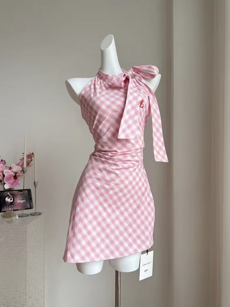 Cute Pink Gingham Halter Neck Bow Ruched Bodycon Short Homecoming Dress AS3160