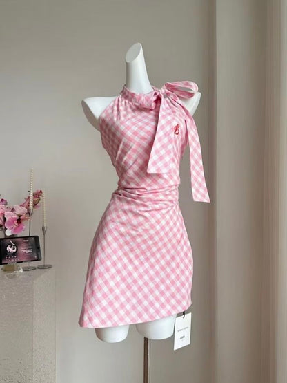 Cute Pink Gingham Halter Neck Bow Ruched Bodycon Short Homecoming Dress AS3160