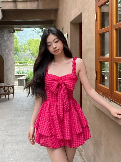 Vibrant Hot Pink Gingham Ruffle Straps Sweetheart Big Bow A Line Short Homecoming Dress AS3163