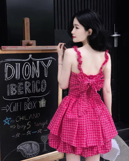 Vibrant Hot Pink Gingham Ruffle Straps Sweetheart Big Bow A Line Short Homecoming Dress AS3163