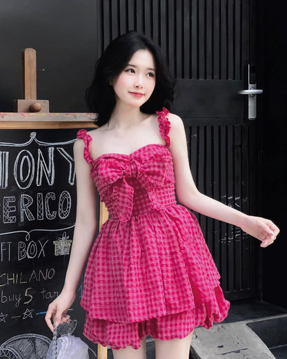 Vibrant Hot Pink Gingham Ruffle Straps Sweetheart Big Bow A Line Short Homecoming Dress AS3163