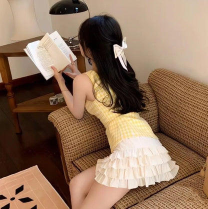 Chic Yellow Gingham Square Neck Sleeveless Tiered Ruffle A Line Short Homecoming Dress AS3164