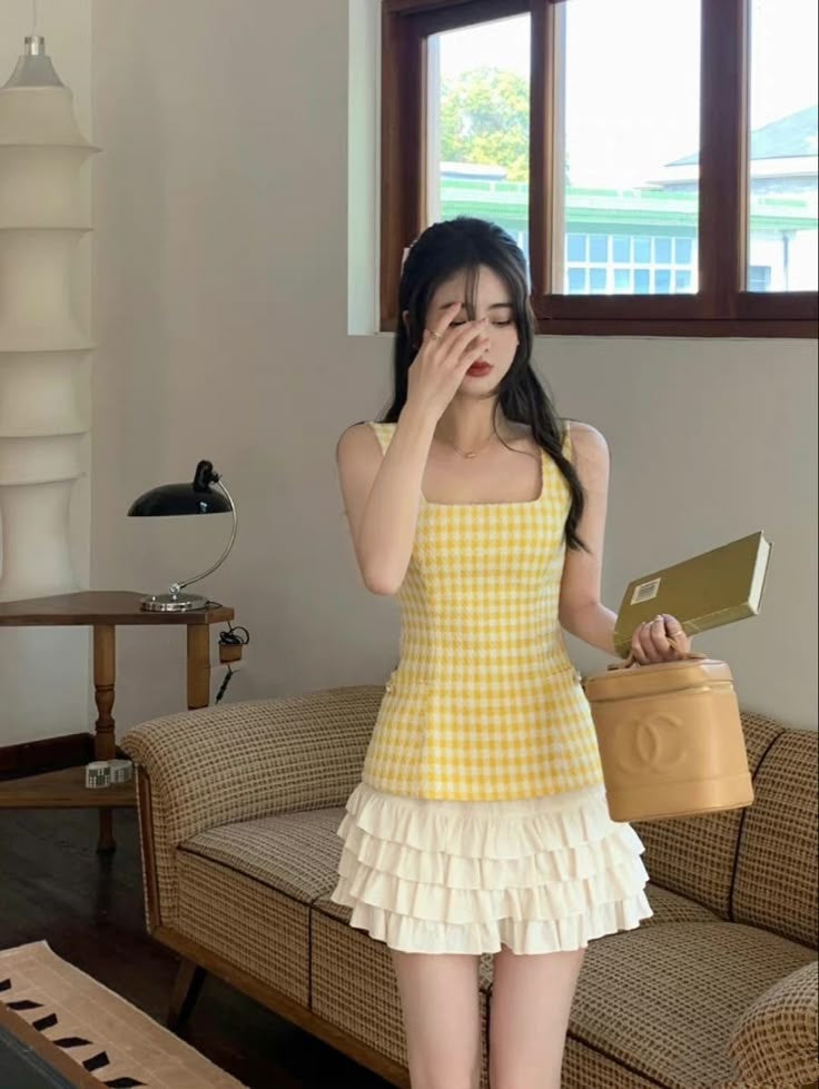 Chic Yellow Gingham Square Neck Sleeveless Tiered Ruffle A Line Short Homecoming Dress AS3164