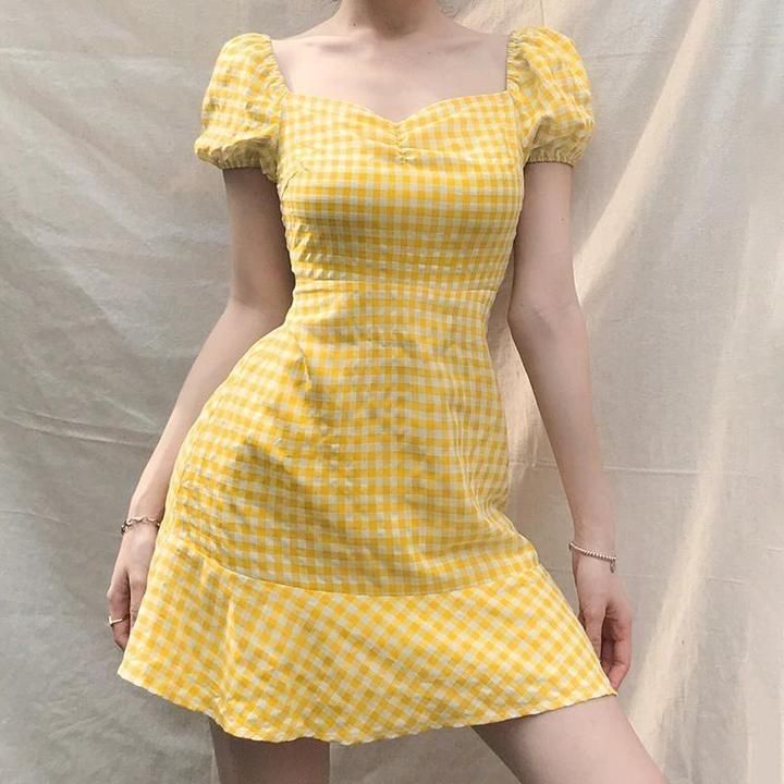 Sweet Yellow Gingham Sweetheart Neck Puff Sleeve Ruffle Hem Sheath Short Homecoming Dress AS3165