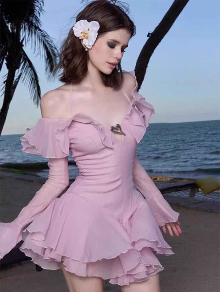 Cute Pink Halter Off Shoulder Sheer Long Sleeve Heart Detail A Line Short Homecoming Dress AS3166