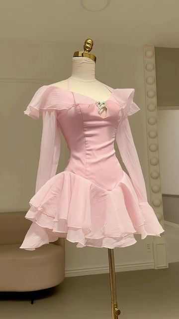 Cute Pink Halter Off Shoulder Sheer Long Sleeve Heart Detail A Line Short Homecoming Dress AS3166