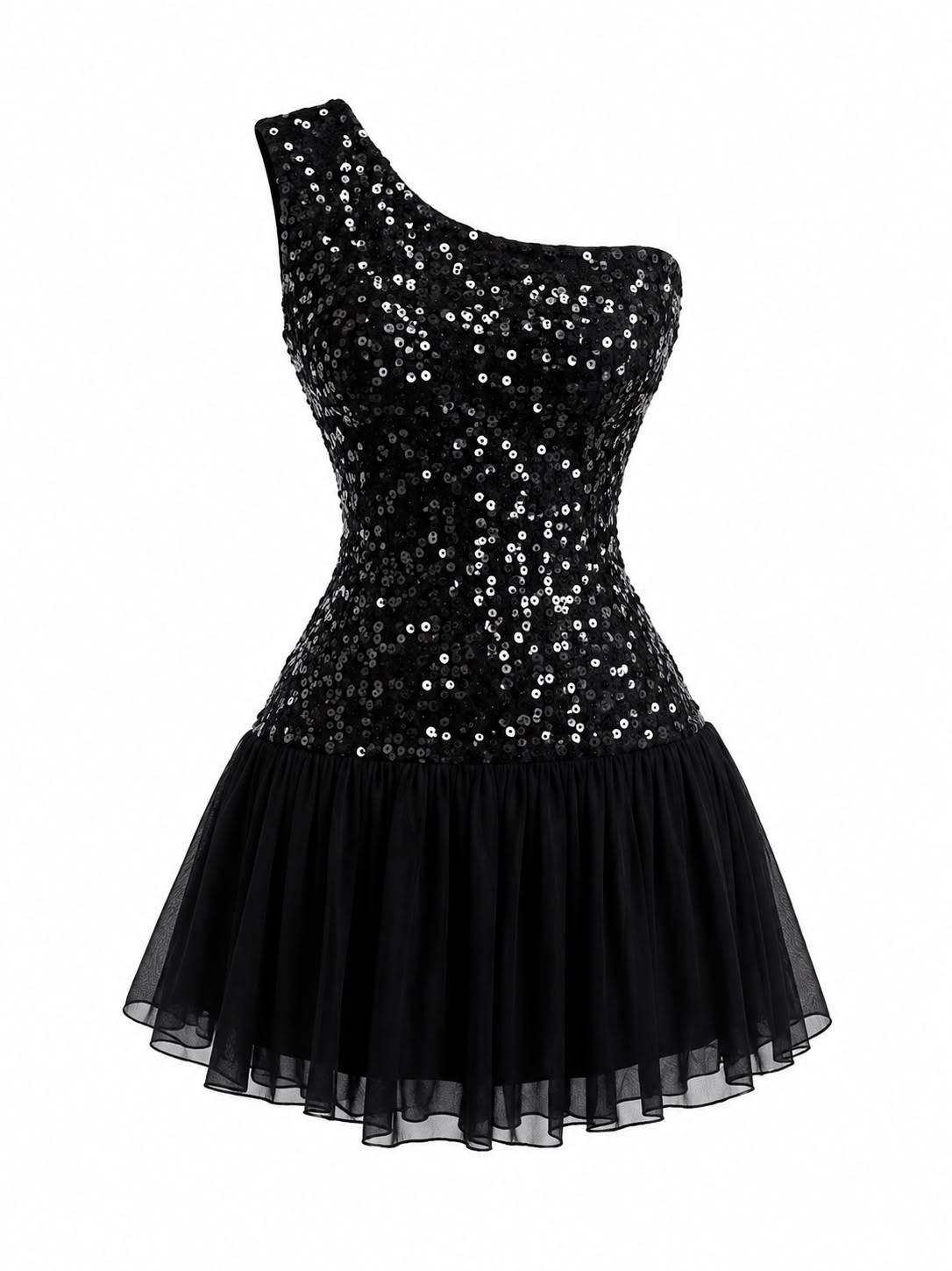 Glam Black One Shoulder Sequin Bodice A Line Short Homecoming Dress AS3167