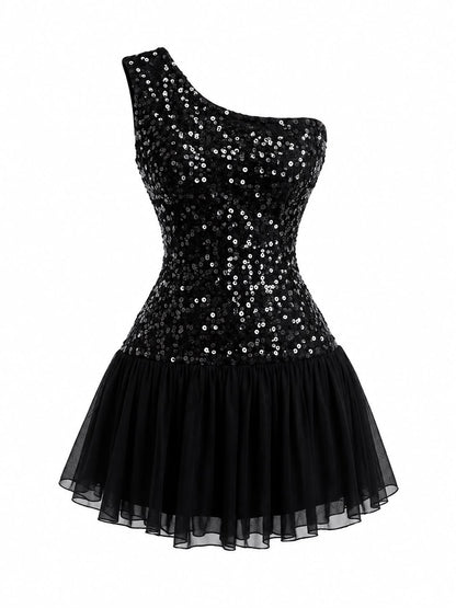 Glam Black One Shoulder Sequin Bodice A Line Short Homecoming Dress AS3167