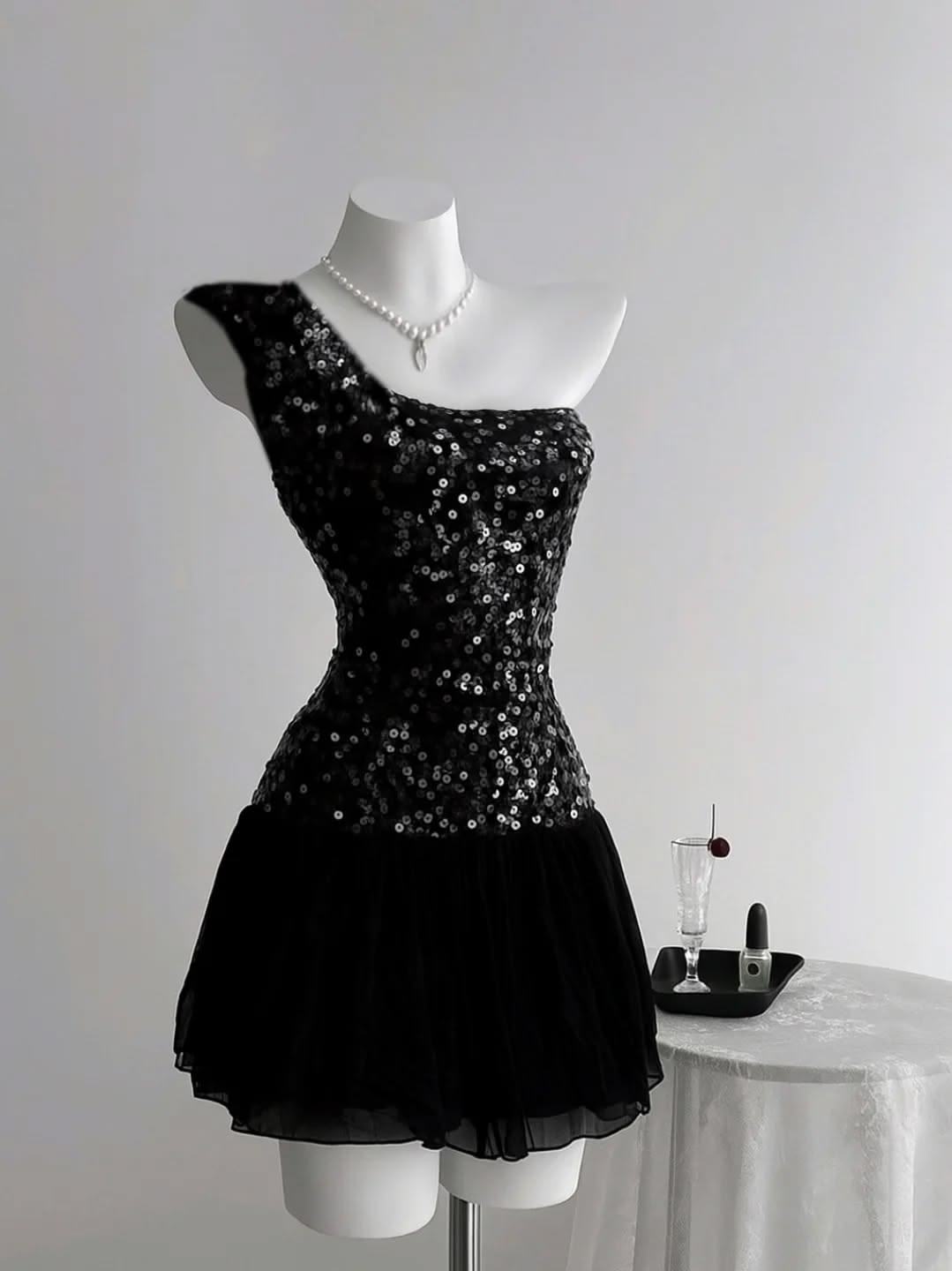 Glam Black One Shoulder Sequin Bodice A Line Short Homecoming Dress AS3167