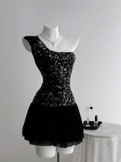 Glam Black One Shoulder Sequin Bodice A Line Short Homecoming Dress AS3167