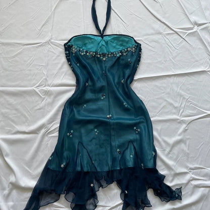 Stunning Teal Halter Beaded Appliques Sheath Short Homecoming Dress Birthday Party Dress AS3168