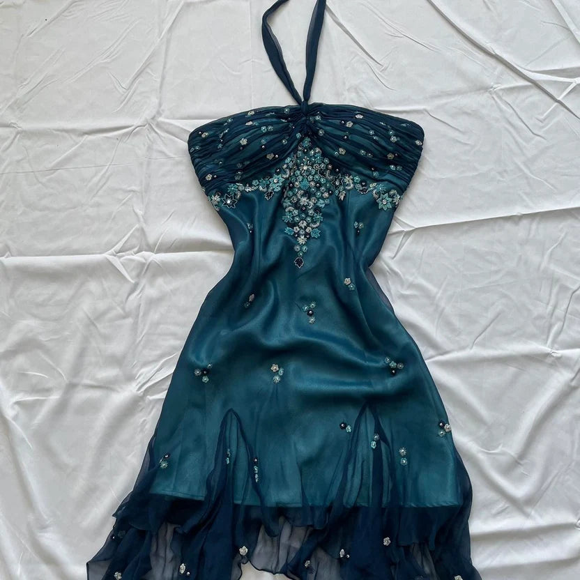 Stunning Teal Halter Beaded Appliques Sheath Short Homecoming Dress Birthday Party Dress AS3168