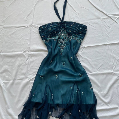Stunning Teal Halter Beaded Appliques Sheath Short Homecoming Dress Birthday Party Dress AS3168