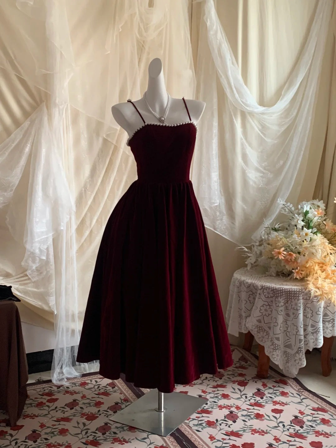 Elegant Burgundy Spaghetti Straps Pearl Trim A-Line Midi Homecoming Dress AS3170