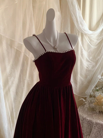 Elegant Burgundy Spaghetti Straps Pearl Trim A-Line Midi Homecoming Dress AS3170