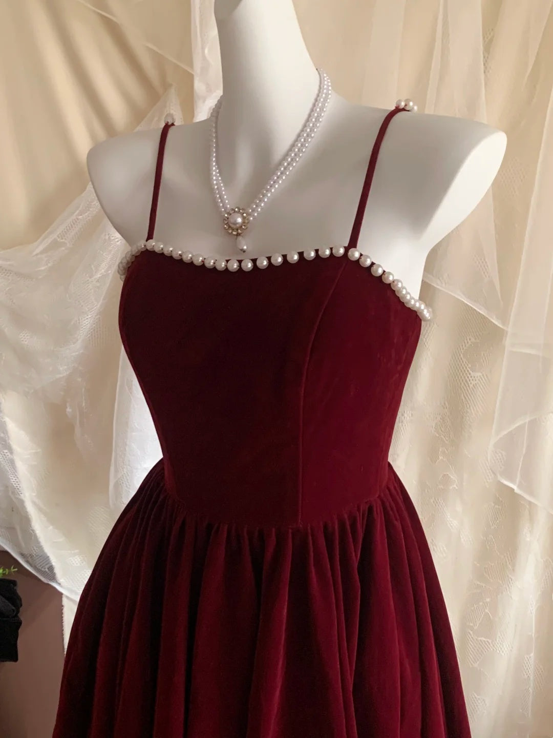 Elegant Burgundy Spaghetti Straps Pearl Trim A-Line Midi Homecoming Dress AS3170