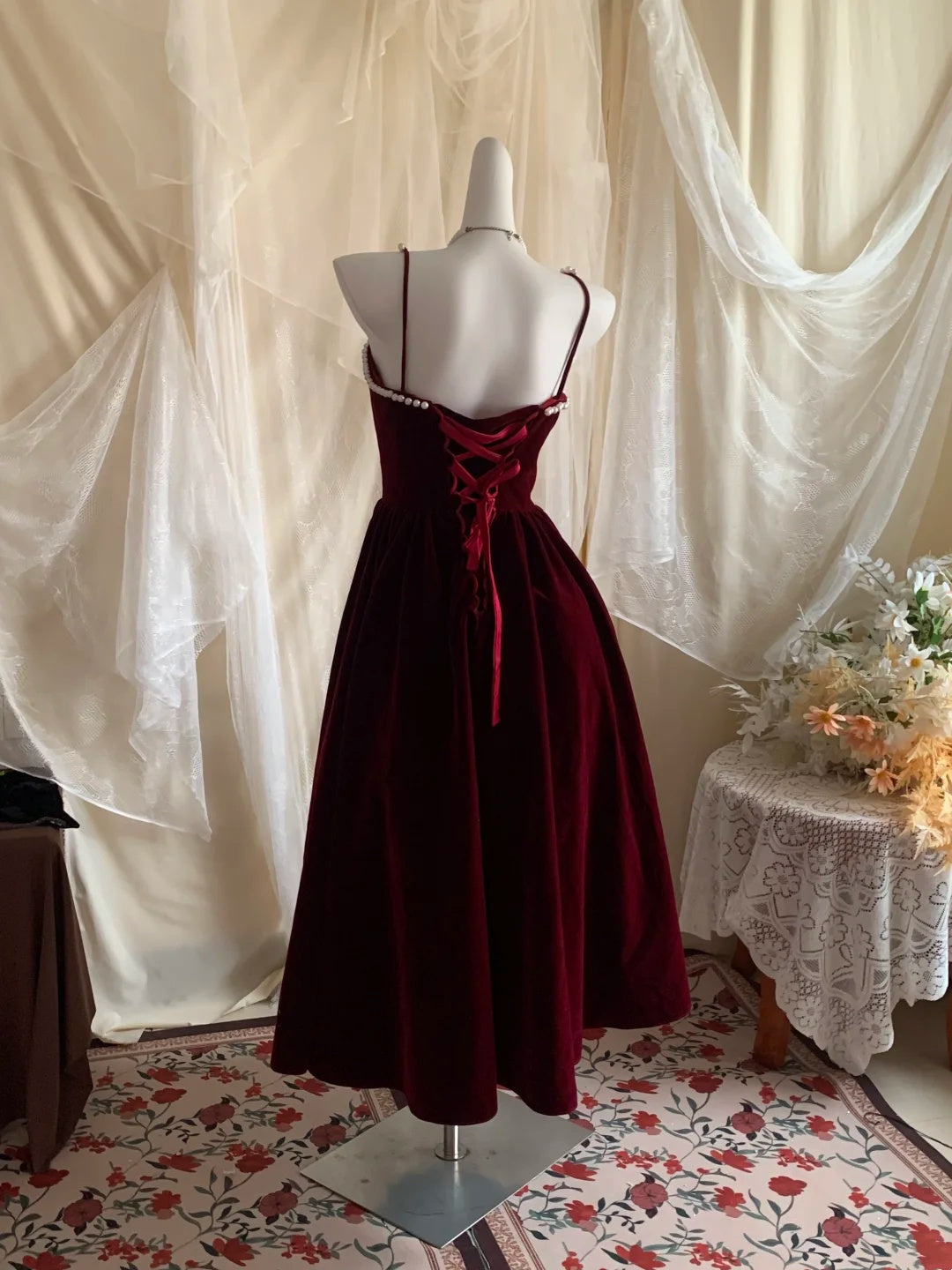 Elegant Burgundy Spaghetti Straps Pearl Trim A-Line Midi Homecoming Dress AS3170