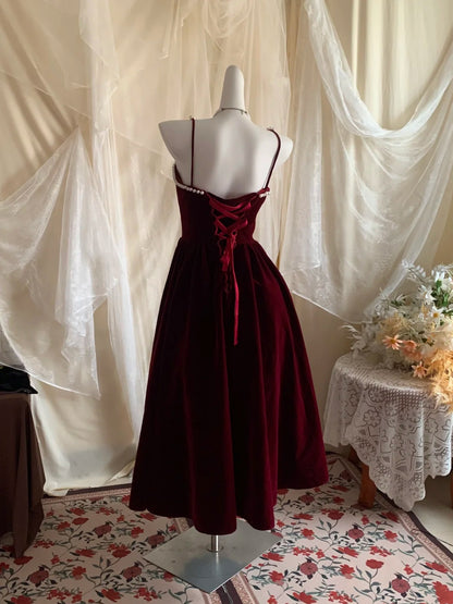 Elegant Burgundy Spaghetti Straps Pearl Trim A-Line Midi Homecoming Dress AS3170