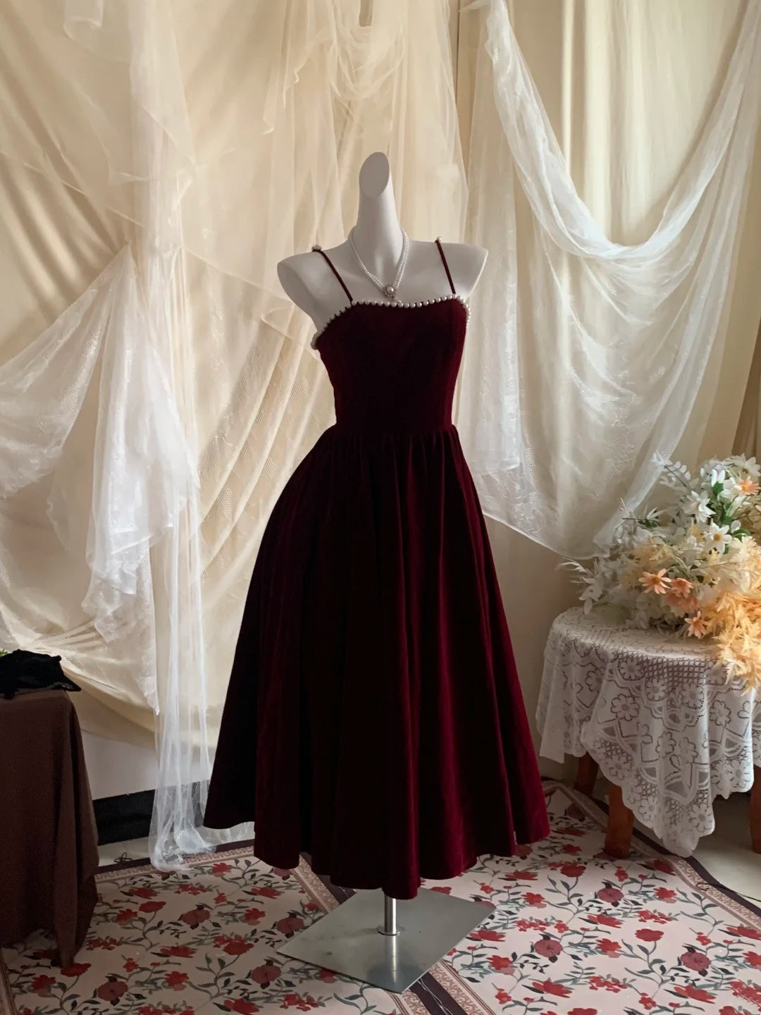 Elegant Burgundy Spaghetti Straps Pearl Trim A-Line Midi Homecoming Dress AS3170