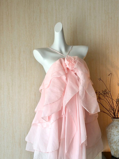 Dreamy Pink Halter 3D Flower A Line Short Homecoming Dress AS3172