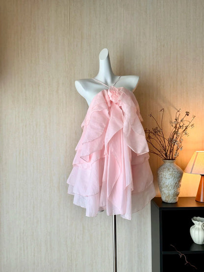 Dreamy Pink Halter 3D Flower A Line Short Homecoming Dress AS3172