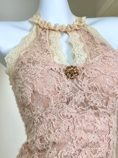 Vintage Nude Halter Floral Lace Sequin Beaded Bodycon Short Homecoming Dress AS3174