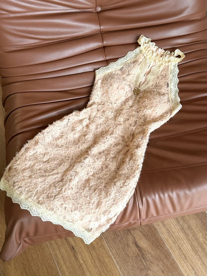 Vintage Nude Halter Floral Lace Sequin Beaded Bodycon Short Homecoming Dress AS3174