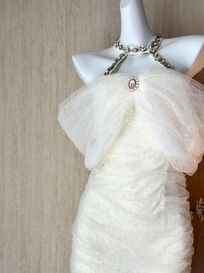 Gorgeous Ivory Halter Off Shoulder Rhinestone Sequin Ruched Sparkly Bodycon Short Homecoming Dress AS3175