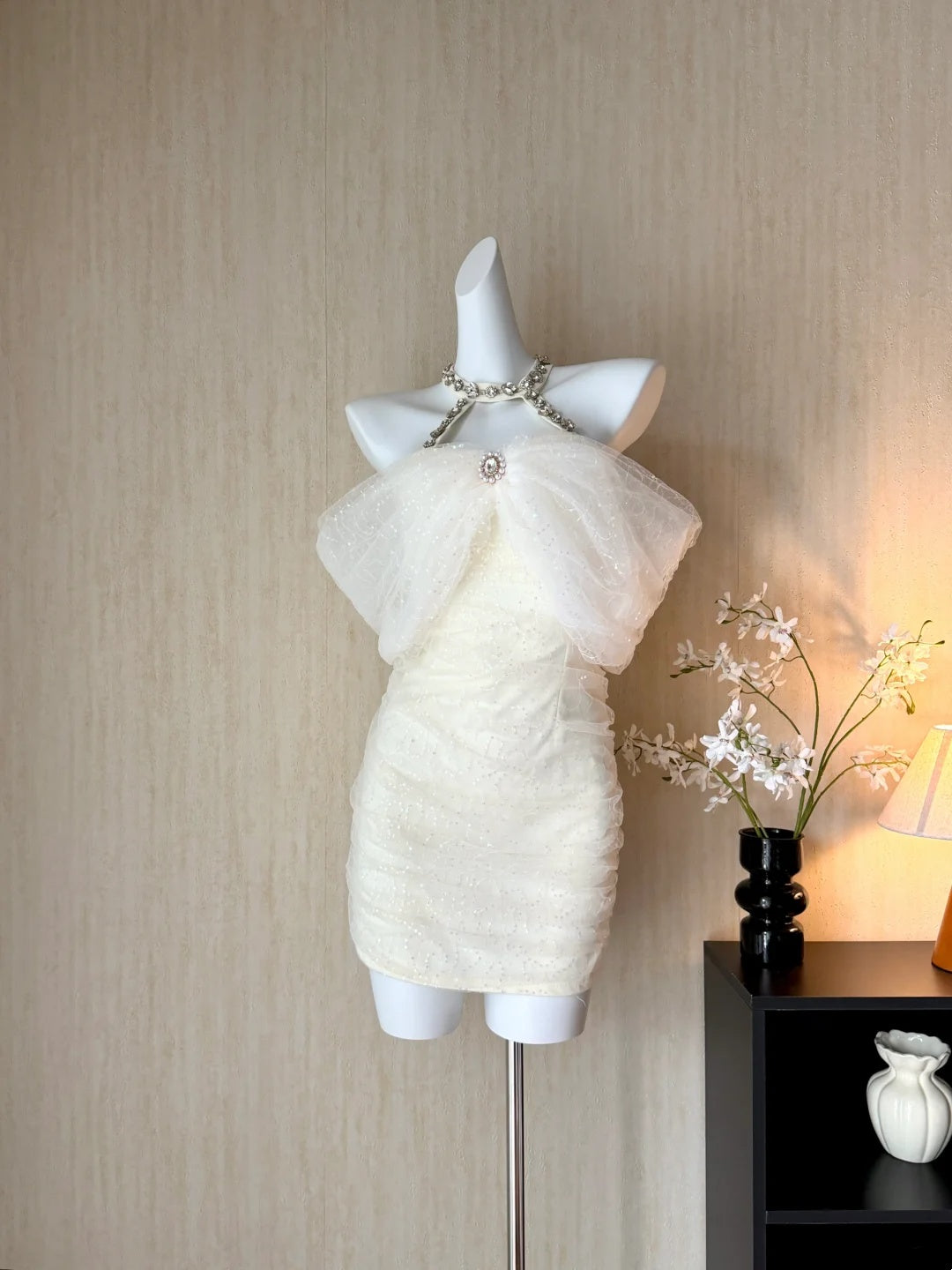Gorgeous Ivory Halter Off Shoulder Rhinestone Sequin Ruched Sparkly Bodycon Short Homecoming Dress AS3175