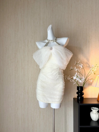 Gorgeous Ivory Halter Off Shoulder Rhinestone Sequin Ruched Sparkly Bodycon Short Homecoming Dress AS3175