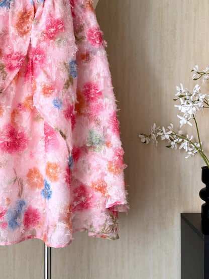 Whimsical Pink Halter Floral Print A Line Short Homecoming Dress Birthday Party Dress AS3176