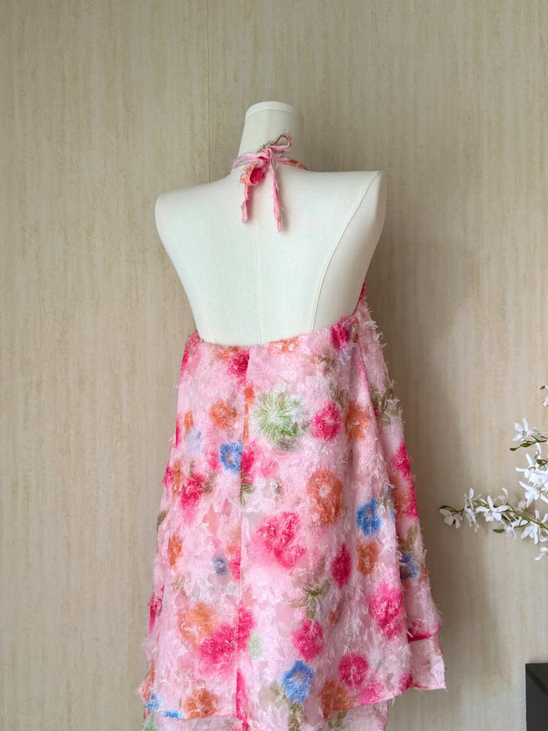 Whimsical Pink Halter Floral Print A Line Short Homecoming Dress Birthday Party Dress AS3176