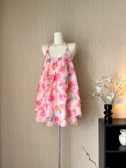 Whimsical Pink Halter Floral Print A Line Short Homecoming Dress Birthday Party Dress AS3176