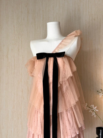 Romantic Dusty Blush One Shoulder Polka Dot Bow A Line Short Homecoming Dress AS3177