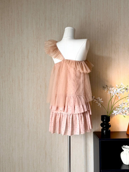Romantic Dusty Blush One Shoulder Polka Dot Bow A Line Short Homecoming Dress AS3177